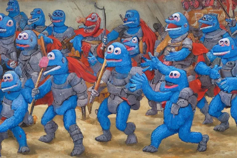 Prompt: big dumb blue giant with pink hair, wearing simple iron armour, leading an army of small blue muppets in a siege against a medieval evil red muppet army. oil painting. the battle is horrific.