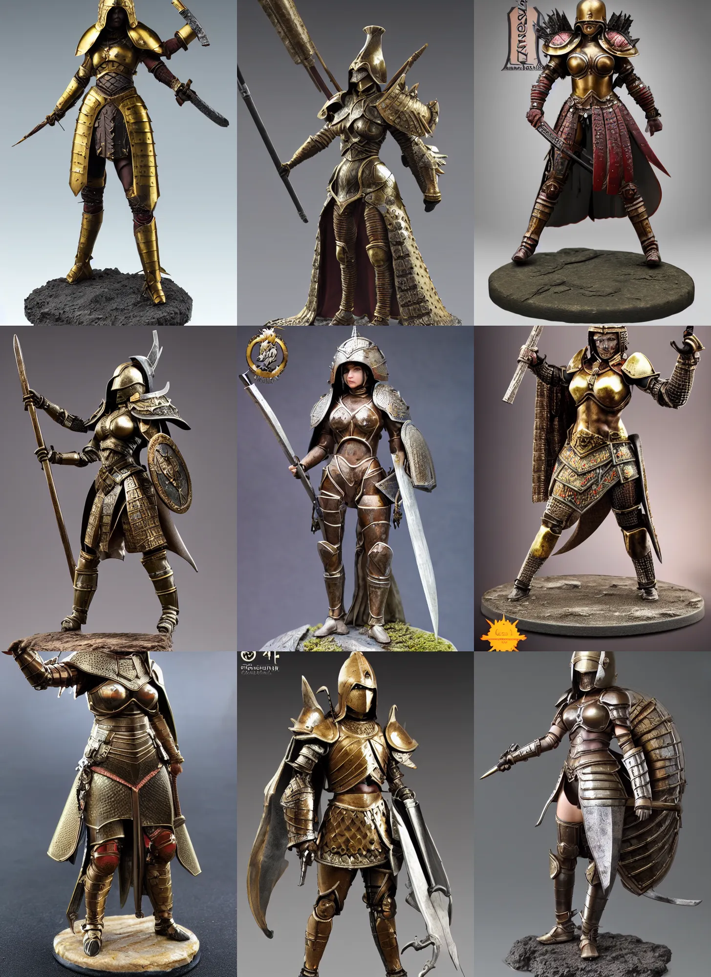 Prompt: 80mm resin detailed miniature of a Queen of war, Battle armor, iron helmet, Very long cloak, Very muscular, abdomen, navel, thighs, olive skin, on textured base; Miniature product Introduction Photos, 4K, Full body; Front view