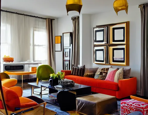 Prompt: apartment designed by nate berkus, retro 7 0 s colors