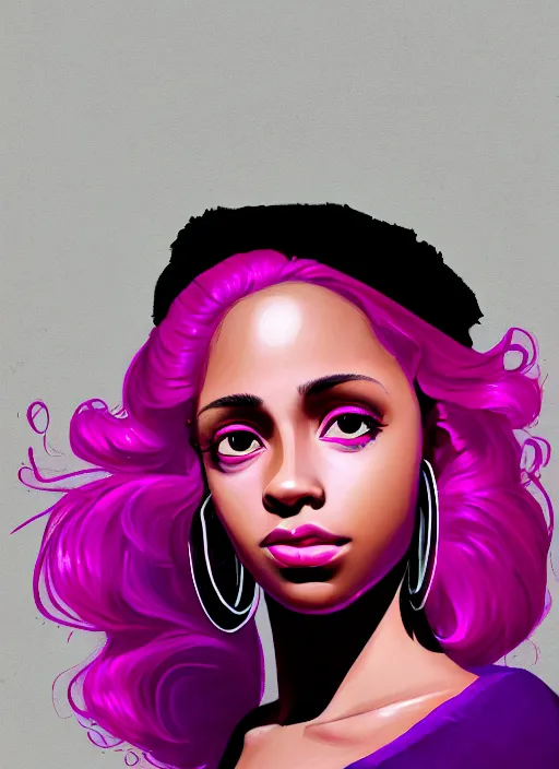 Image similar to portrait of teenage vanessa morgan with bright pink hair, black girl, curly pixie cut hair, wearing a purple breton cap, breton cap, hoop earrings, intricate, elegant, glowing lights, highly detailed, digital painting, artstation, concept art, smooth, sharp focus, illustration, art by wlop, mars ravelo and greg rutkowski