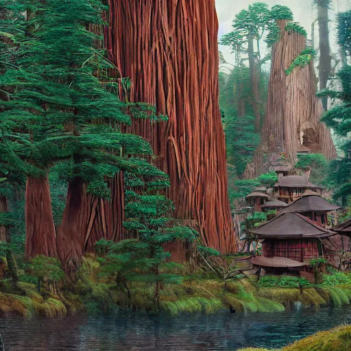 Image similar to Tlingit Maori forest of redwoods carved into towers with bulbous balconies, with a bazaar among their roots, by Studio Ghibli, Bruegel, Greg Rutkowski, and Ansel Adams, 1080p