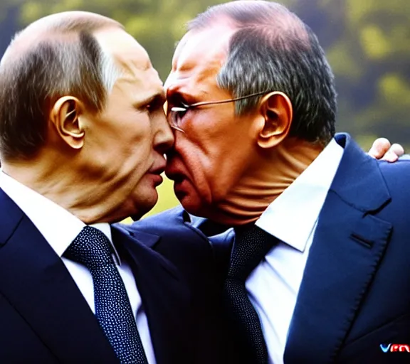 Image similar to vladimir putin kisses sergey lavrov, animals mating, lovely kiss, kiss mouth to mouth, romantic, emotional, love scene, insane details, clear face and eyes, textured, 8 k, professional photography, animal world, discovery channel