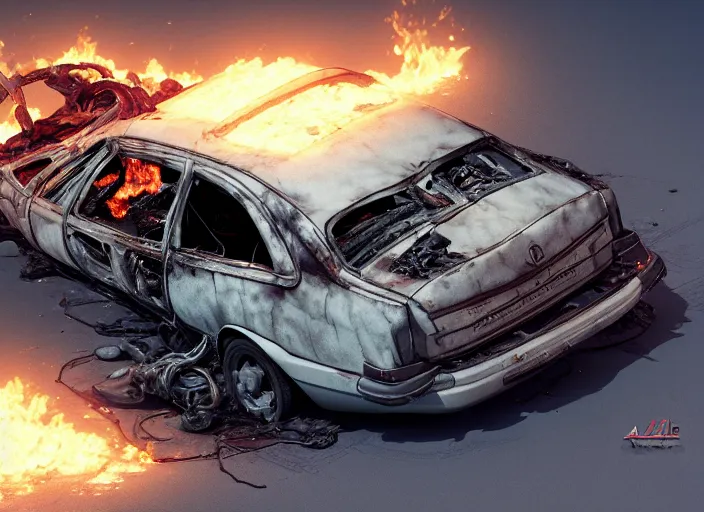 Image similar to a big woman intertwined axolotl in burning wrecked mercedes 1 2 4, ultrafine hyperdetailed illustration by kim jung gi, masterpiece. rendered in blender, smooth shadows, ultra detail, high resolution, unreal 6, 8 k