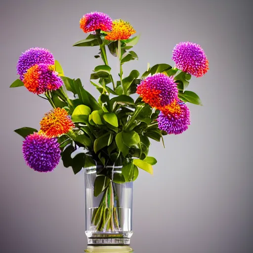 Image similar to An ultra high definition studio photograph of an alien flower in a simple vase on a plinth. The flower is multicoloured iridescent. High contrast, key light, 70mm.