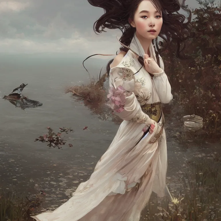 Image similar to portrait of a beautiful seductive slightly plump european girl wearing hanfu walking on water, farm background, fantasy, d & d, dark eyeliner, intricate, elegant, highly detailed, digital painting, artstation, concept art, matte, sharp focus, illustration, art by greg rutkowski and alphonse mucha