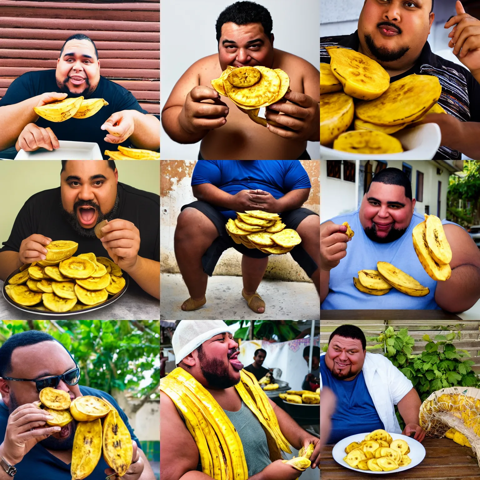 Prompt: a photograph of a fat dominican man eating plantain