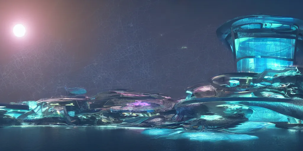 Prompt: underwater bioluminescent city, futuristic, advance technology, 3D render, teal and gold lights, establishing shot