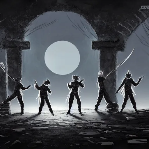 Prompt: a group of mysterious ninjas at the base of a crumbling wall, moonlight, concept art, ultra high definition, matte