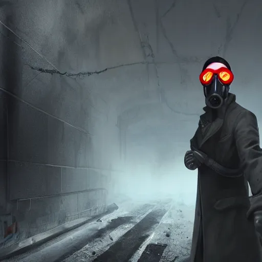 Image similar to hooden villain wearing a gas mask with red goggles, smoke coming out of his long coat, dark background, wall with graffiti, unreal engine 5, ultra realistic, detailed, fog, by greg rutkowski