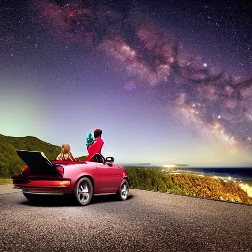 Image similar to realistic photo of man and woman in a convertible car parked near a cliff, gazing at the stars. big dipper. romantic