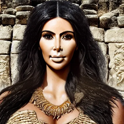 Prompt: detailed portrait of kim kardashian in mayan pyramid jungle ruins orientalism