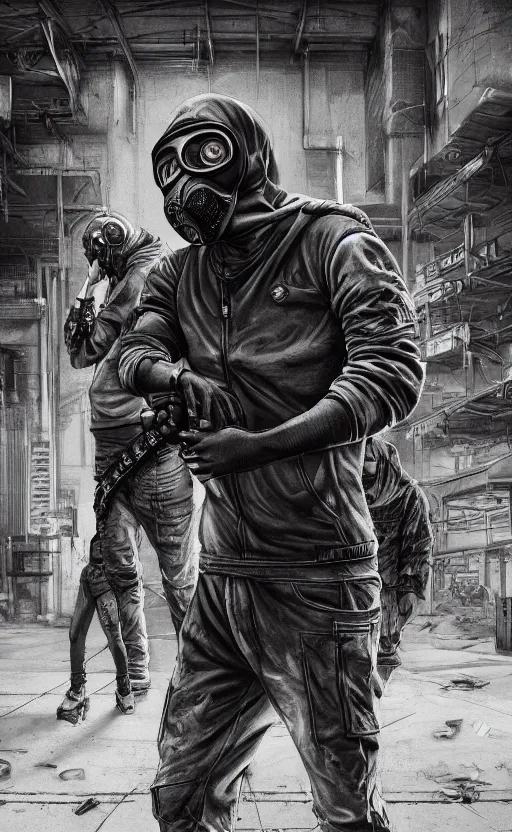 Image similar to wolf gang, cyberpunk, gray hoodie, group photo, old car, abandoned warehouse, weapon, drugs, flex position, grey bandana, gasmask, non fiction stability, intricate, elegant, 8 k, uhd, justify, artstation, concept art, matte, sharp focus, illustration, consistent, highly detailed object content, proportional object content