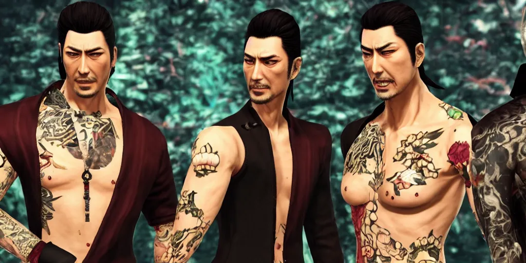 Prompt: Yakuza Kiryu Kazuma and Majima Goro, beautiful, gracious, bloody, bioluminescent skin, ultra detailed, ultra realistic