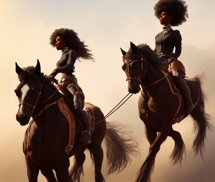 Image similar to full body portrait of beautiful black woman on horseback, striding clydesdale, cinematic, highly detailed, digital painting, artstation, concept art, smooth, sharp focus, illustration, face by wlop, illustrated by mars ravelo and greg rutkowski