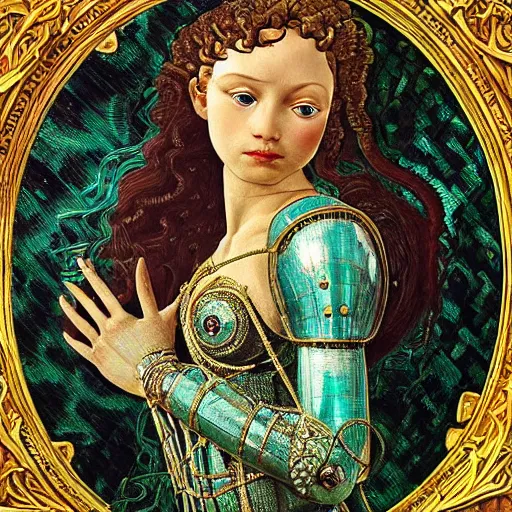 Prompt: intricate detail, hyper detail, african sybil, lady of elche techno mystic princess intergalactica, wearing labradorite full body armor,, hazel green eyes, teal eyebrows, with aqua neon rapunzel dreadlocks, detailed, by sandro botticelli, gaston bussiere, h. r. giger, masterpiece, sharp focus,