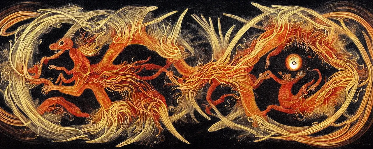 Image similar to a strange fire creature with endearing eyes radiates a unique canto'as above so below'while being ignited by the spirit of haeckel and robert fludd, breakthrough is iminent, glory be to the magic within, in honor of saturn, painted by ronny khalil