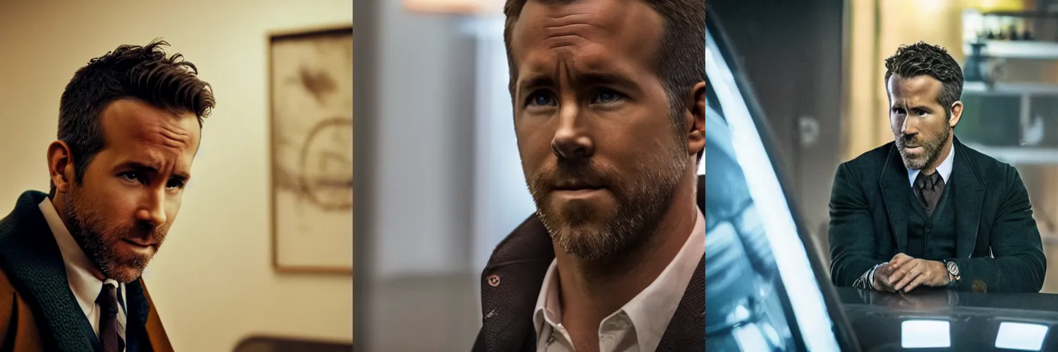 Prompt: close - up of ryan reynolds as a detective in a movie directed by christopher nolan, movie still frame, promotional image, imax 7 0 mm footage