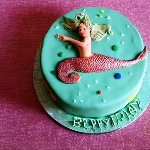 Prompt: mermaid themed birthday cake, food photography, made of meat,