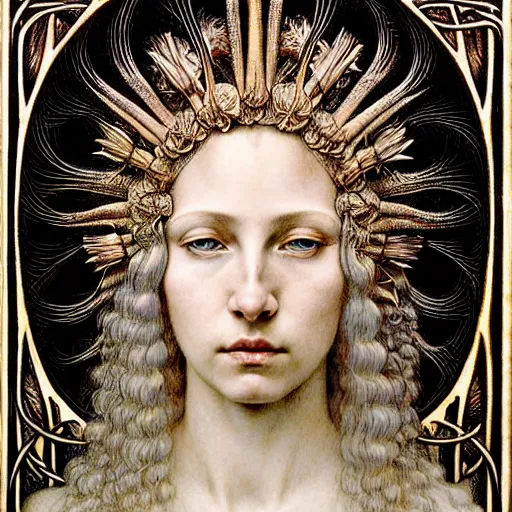 Prompt: detailed realistic beautiful young medieval queen face portrait by jean delville, iris van herpen and marco mazzoni, art forms of nature by ernst haeckel, art nouveau, symbolist, visionary, gothic, pre - raphaelite