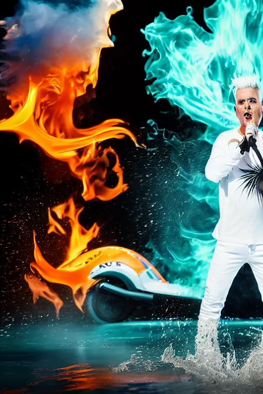 Image similar to scooter rapper baxxter with white hair standing in water shouting in the microphone with explosion and flames in background, full body, white shirt, black pants, reflection in water, volumetric lighting, golden ratio