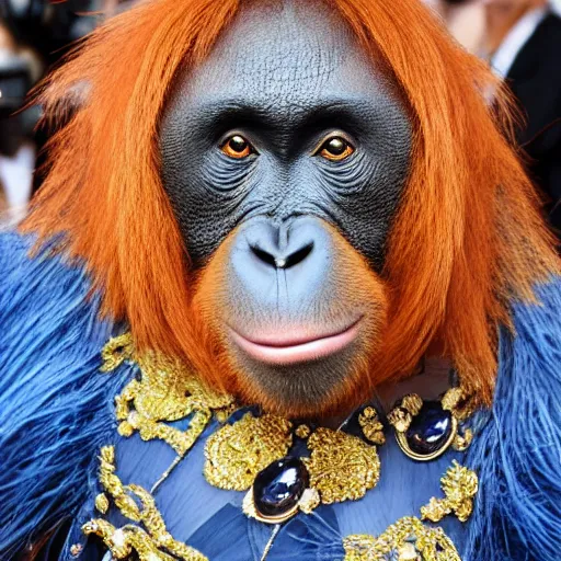 Image similar to An orangutan wearing a navy designer dress and a sapphire necklace attending the Met Gala, hyperdetailed, photorealistic, high fashion