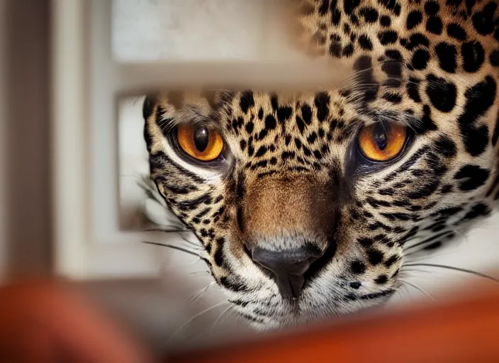 Image similar to photography of a Jaguar Cat . watching outside the window. on a bed. in a 70's room full of vinyls and posters, photorealistic, award winning photo, 100mm, sharp, high res