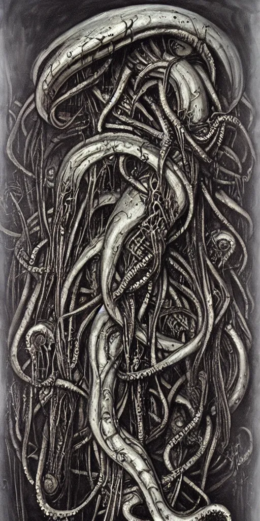 Prompt: eldritch tentacle vampire monster, painted by h.R giger