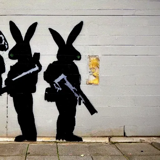 Prompt: photo of banksy graffiti depicting rabbits dressed as riot police