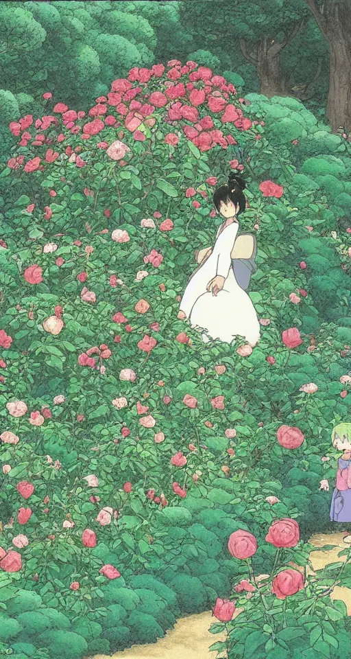 Image similar to studio ghibli rose garden by hayao miyazaki