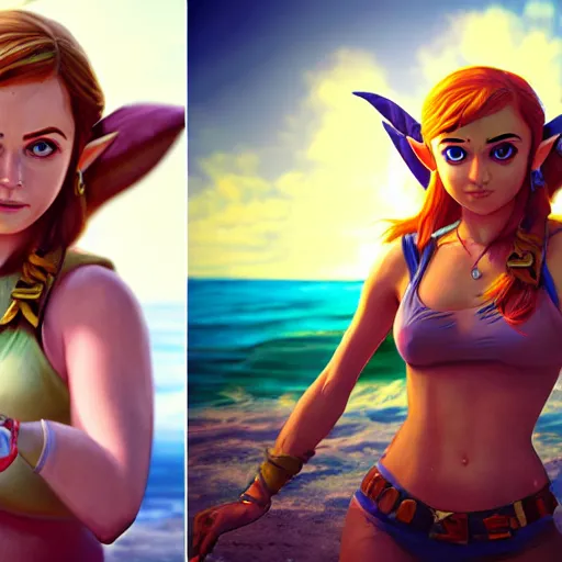 Image similar to a hyper real comic book style portait painting of zelda on the beach, unreal 5, hyperrealistic, octane render, cosplay, rpg portrait, dynamic lighting