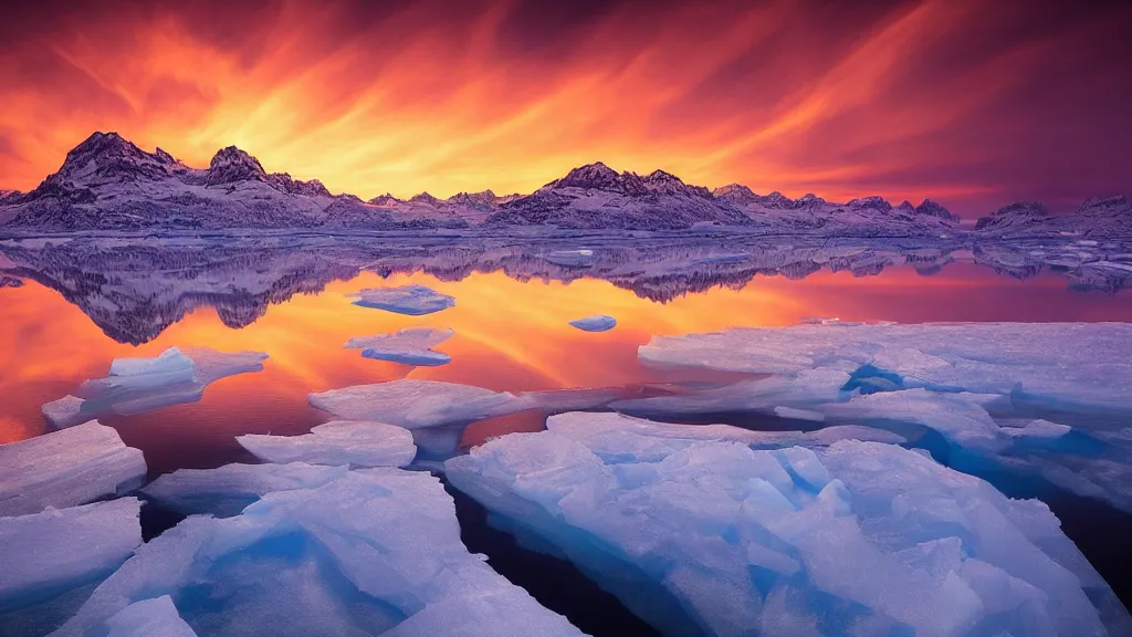 Image similar to amazing landscape photo of polar light with lake in sunset by marc adamus, beautiful dramatic lighting