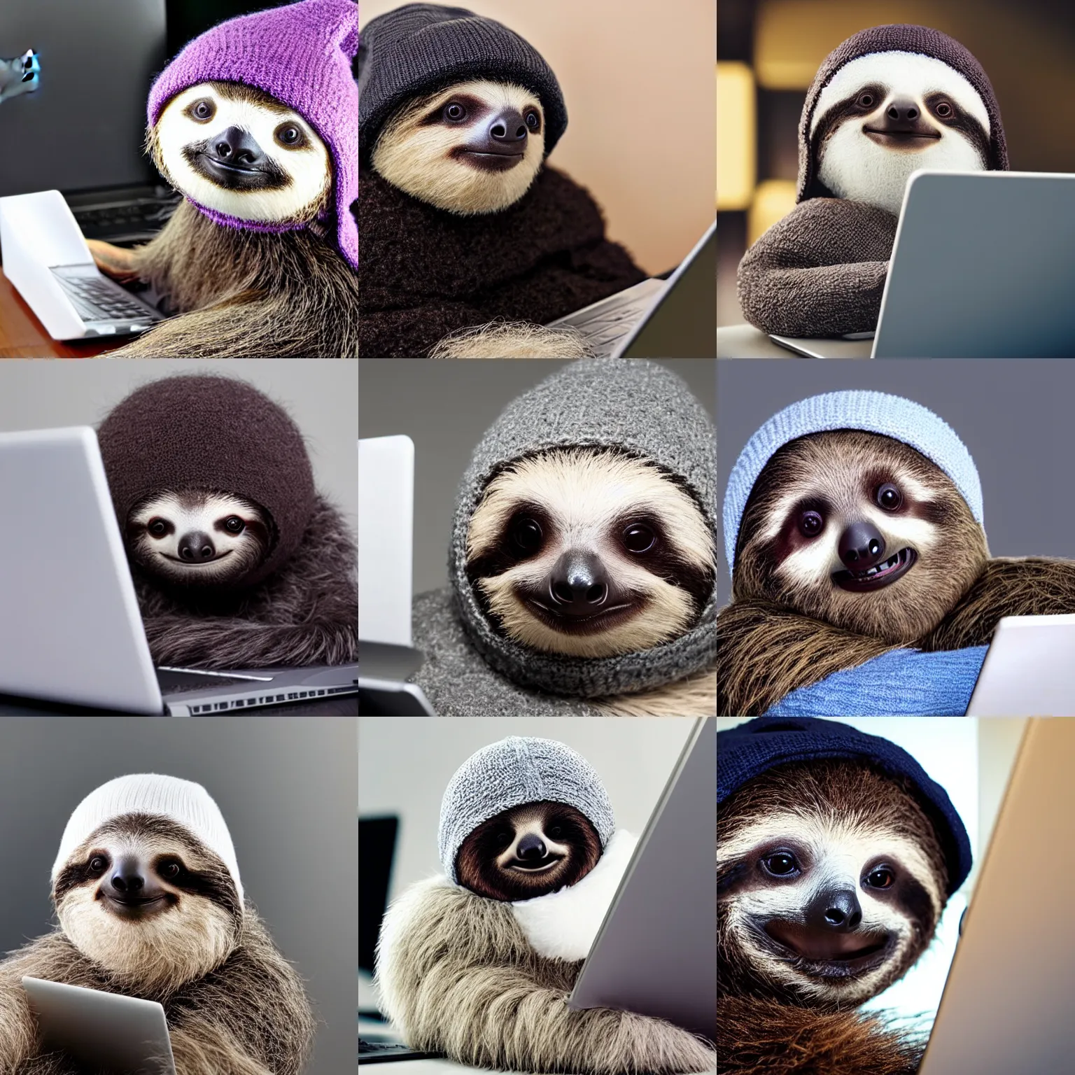 Prompt: A fluffy baby sloth with a knitted hat trying to figure out a laptop, close up, highly detailed, studio lighting, screen reflecting in its eyes