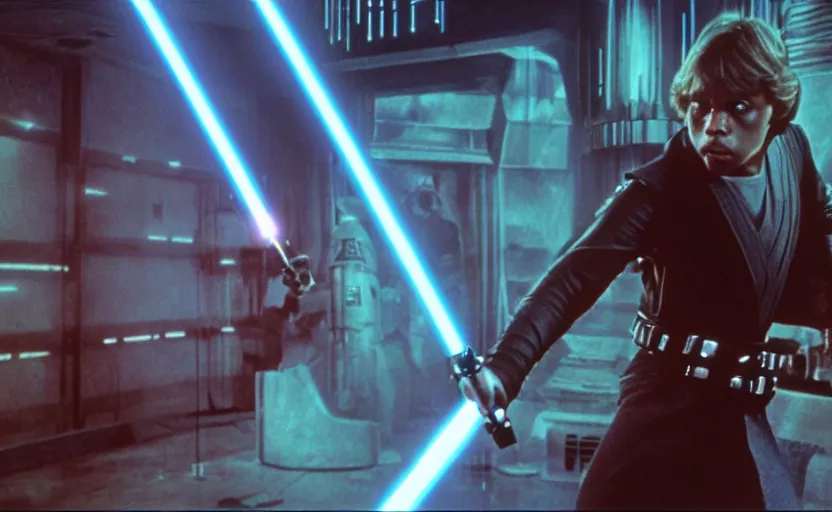 Image similar to screenshot portrait of Luke Skywalker lightsaber duel against a droid bounty hunter, in a seedy underground neon bar, iconic scene from 1980s film by Stanley Kubrick, 4k, cinematic still frame, cyberpunk sci fi architecture, portrait photoreal, detailed photo of Mark Hammill in the 1980s, moody lighting, stunning cinematography, hyper-detailed, sharp, anamorphic lenses, kodak color film stock