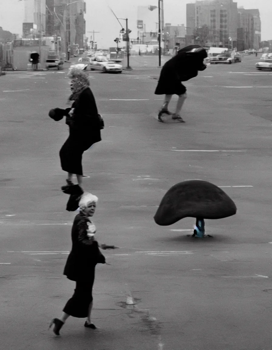 Prompt: A panicked old woman crossing the street with a walker. A nuclear mushroom cloud is in the background. Black and white photo by Annie Leibovitz.