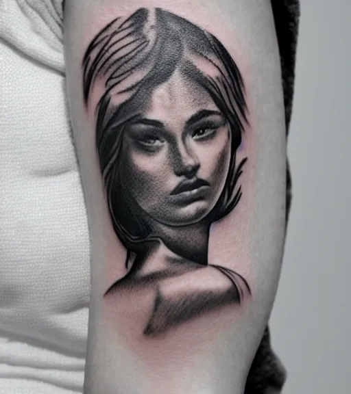 Image similar to tattoo design sketch of a beautiful woman face with a mountain scenery background on her side, hyper - realistic, double exposure, in the style of matteo pasqualin, amazing detail, black and white, faded