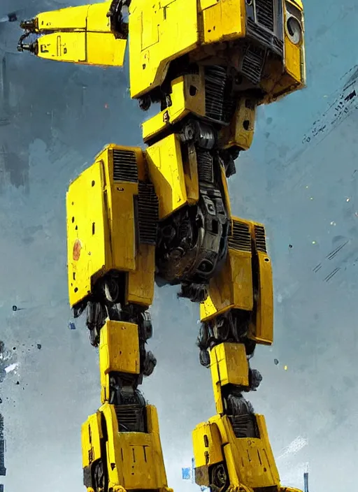 Image similar to tall strong intricate yellow pit droid, painterly mecha, by Greg Rutkowski