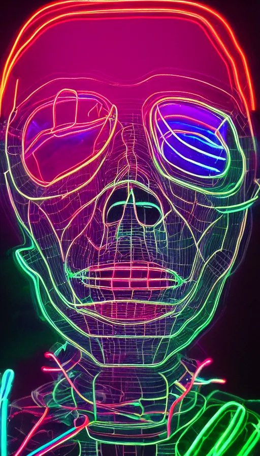 Image similar to skeleton made of neon lights, portrait, 3 d cartoon, pixar, sharp focus, film grain