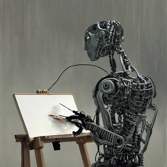 Image similar to robot artist painting a self - portrait on a canvas. intricate, highly detailed, photorealistic, film still, by greg rutkowski.