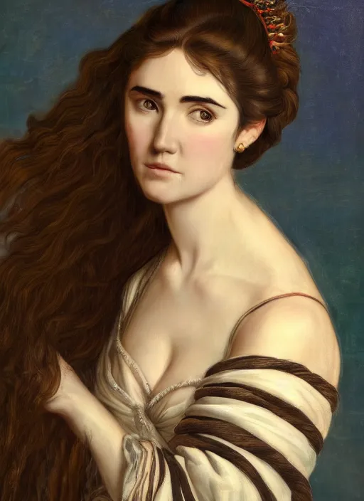 Prompt: portrait of Jennifer Connelly with long hair in baroque art, anime inspired, High Res 8K, hyperdetailed