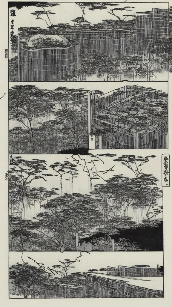 Prompt: speech balloons over drawing in style of hiroshige and piranesi. ecological parametric futuristic building in a urban setting. ultrarealistic matte painting on white page. the buildings have deep tall balconies with plants and trees. thin random columns, large windows, deep overhangs. greeble articulated details. 8 k, uhd.