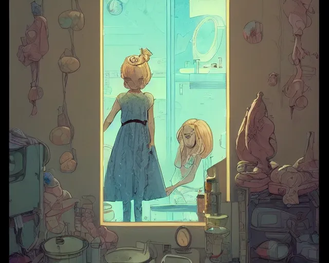 Prompt: a cell shaded cartoon of a girl in dress looking at the mirror to another world dimension, illustration, subtle colors, post grunge, concept art by josan gonzales and wlop, by james jean, victo ngai, david rubin, mike mignola, laurie greasley, highly detailed, sharp focus, alien, trending on artstation, hq, deviantart, art by artgem