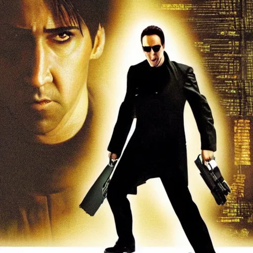 Prompt: The matrix movie poster starring nicolas cage as neo