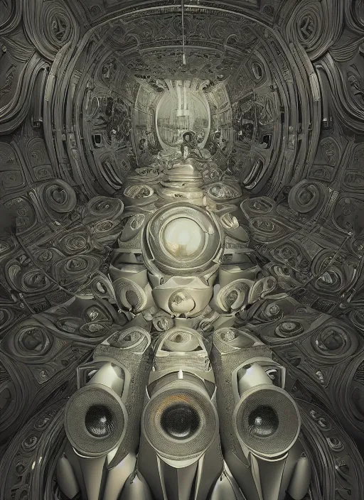 Image similar to highly detailed surreal vfx portrait of a 3 d landscape of stacks of recursive speakers, polyphonic ecstacy, ornate, hyperrealistic, octane render, chiaroscuro, inspired by james jean, android jones, beeple, rhads, alphonse mucha, frostbite 3 engine