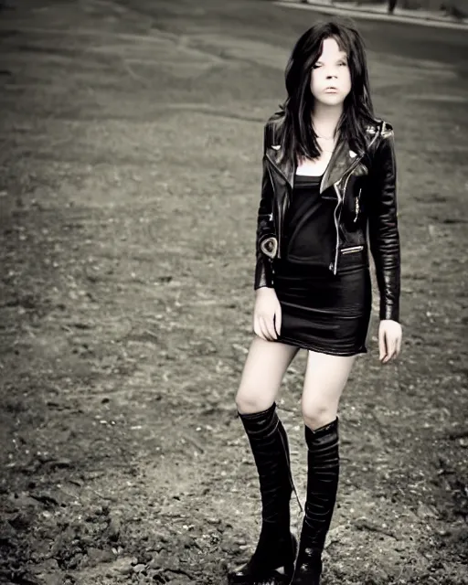 Image similar to young girl in her 20s, she wears a leather jacket and knee high boots, full body portrait, taken by a nikon, intricate, cinematic, wonderful dark hair