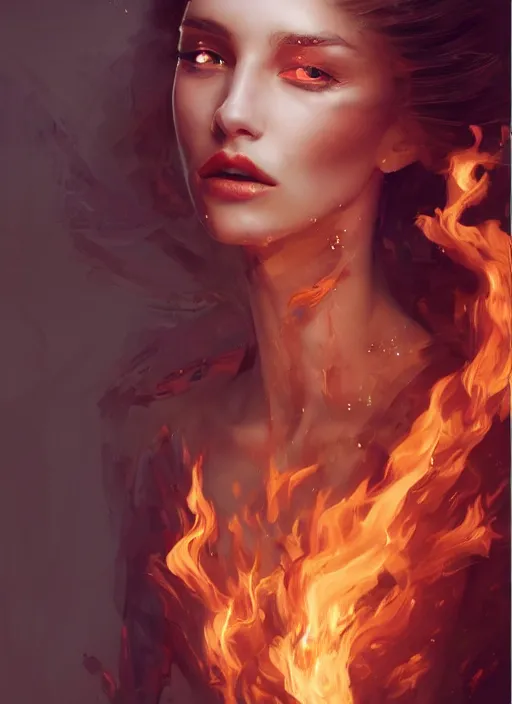 Image similar to fashion portrait with fire, female, 3d, future, torch, flame, harper's bazaar, vogue, fashion magazine, intricate, concept art, close up, ornate, luxury, elite, elegant, trending on artstation, by ruan jia, by Kenneth Willardt, by ross tran, by WLOP, by Andrei Riabovitchev,