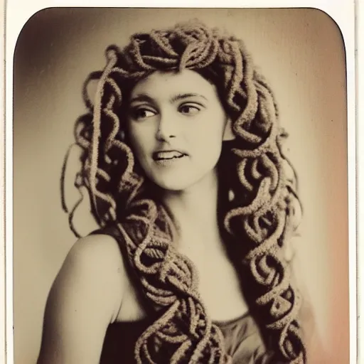 Prompt: a very beautiful old polaroid picture of medusa, award winning photography