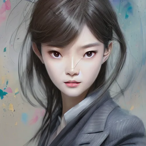 Image similar to dynamic composition, motion, ultra-detailed, incredibly detailed, a lot of details, amazing fine details and brush strokes, colorful and grayish palette, smooth, HD semirealistic anime CG concept art digital painting, watercolor oil painting of a young office lady, by a Chinese artist at ArtStation, by Huang Guangjian, Fenghua Zhong, Ruan Jia, Xin Jin and Wei Chang. Realistic artwork of a Chinese videogame, gradients, gentle an harmonic grayish colors.