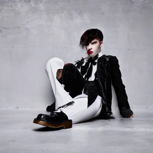 Image similar to A vampire with white hair wearing sick Dr. Martens shoes