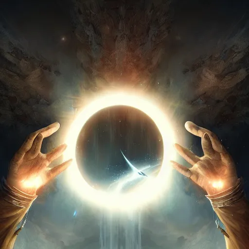 Image similar to a celestial holy hand coming from a portal down to earth, dynamic lighting, fantasy concept art, trending on art station, stunning visuals, creative, cinematic, ultra detailed, ray tracing