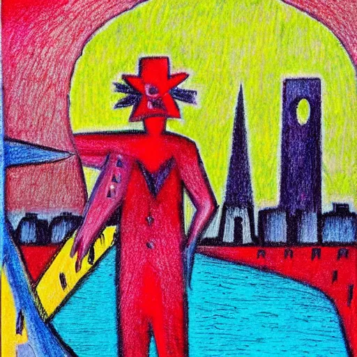 Image similar to bright, costume shocking by rufino tamayo. a beautiful drawing of a cityscape with tall spires & delicate bridges.